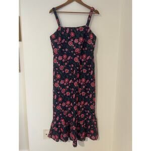 Arula Fit and Flare Navy Blue Pink Green Lace Floral Dress EUC Square Neck 0X